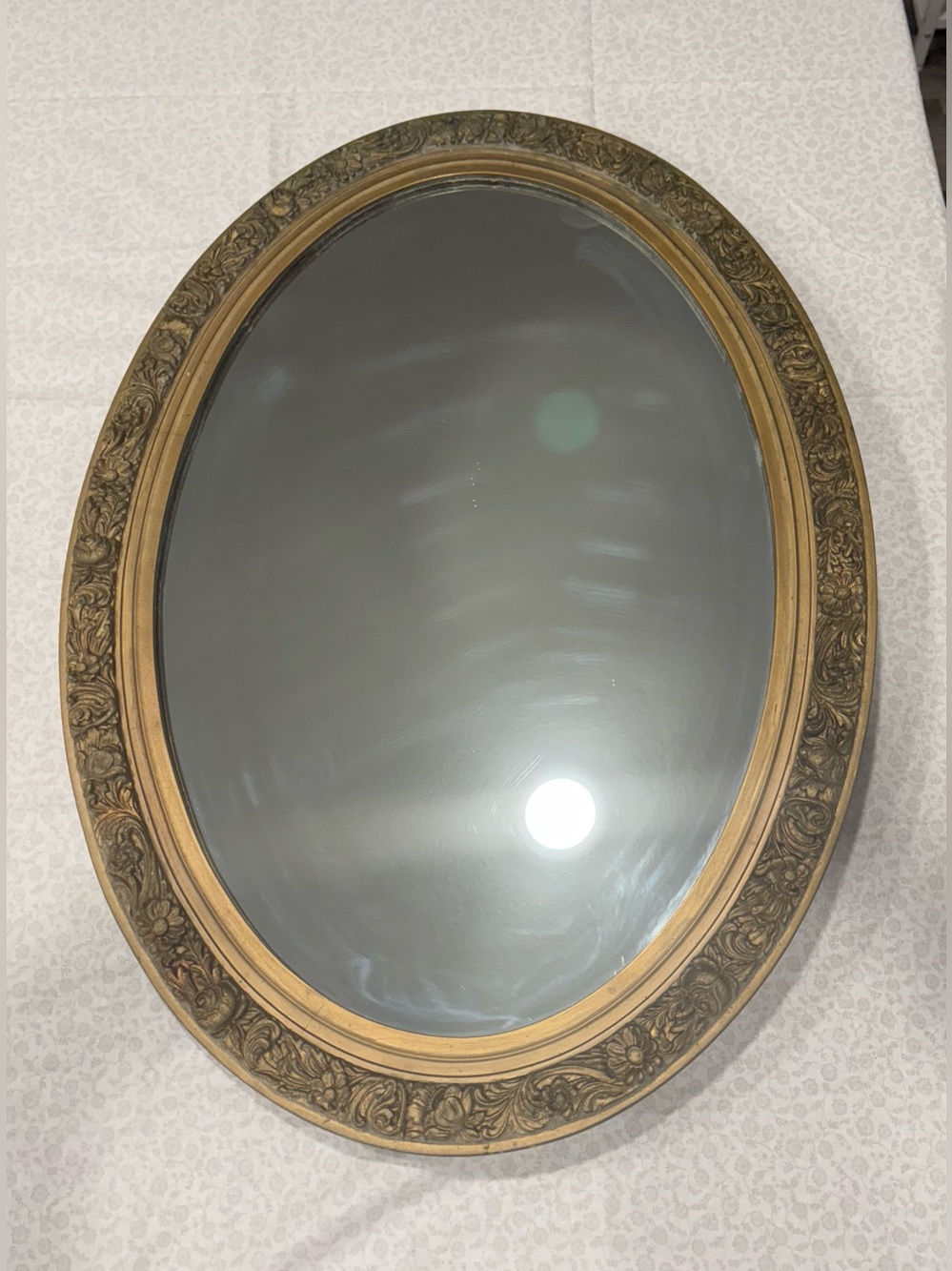 Antique Ornate Gold Medicine Cabinet Door Oval Mirror VTG 20x28 Regency Floral